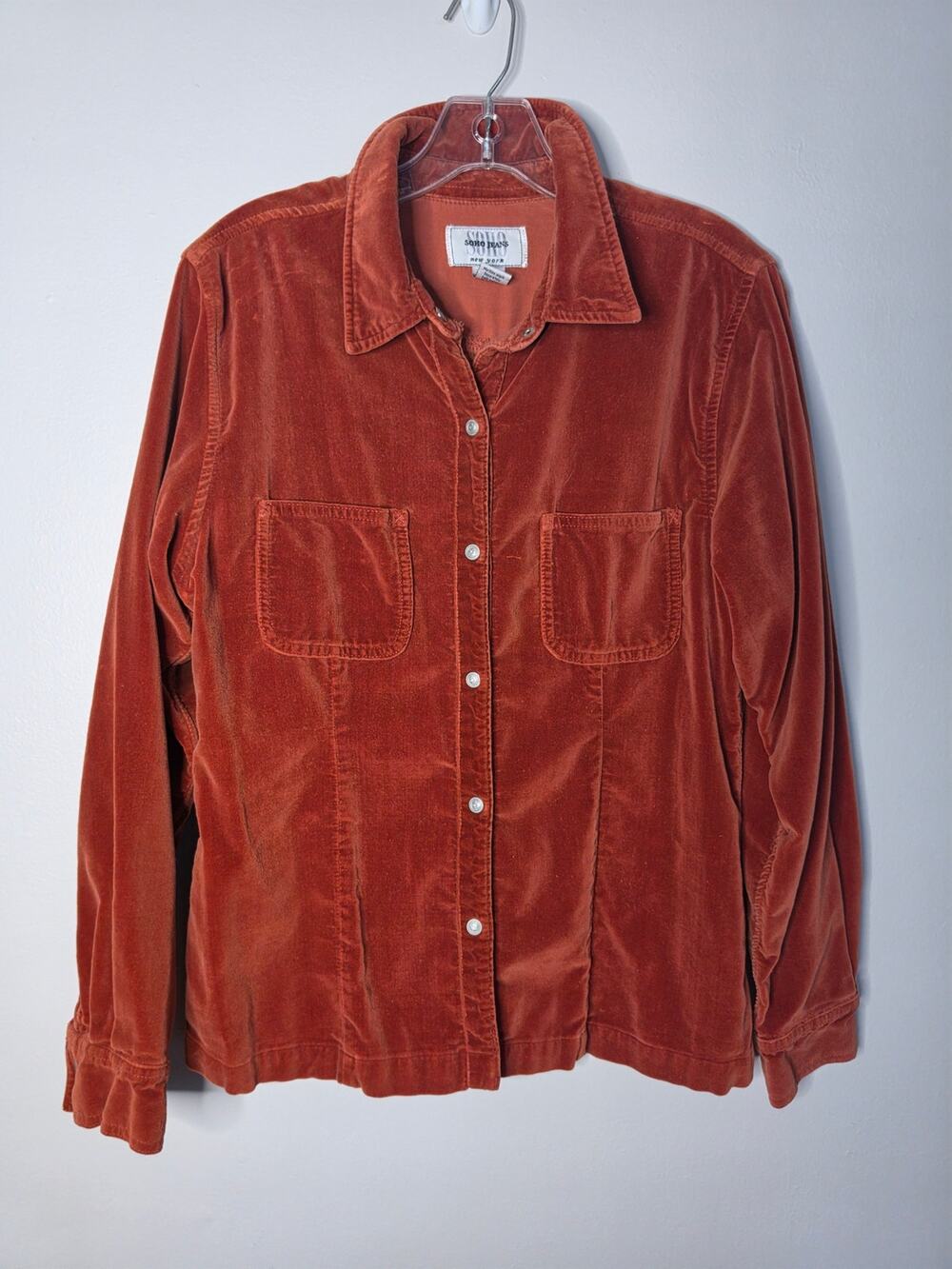 SOHO Jeans New York Rust Orange Cotton Velvet Snap Shirt Jacket Size L Y2K
